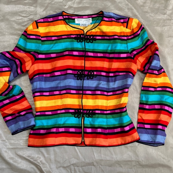 Vintage Maggy London 100% silk colorful blazer cardigan with frog cord closure - Picture 9 of 14